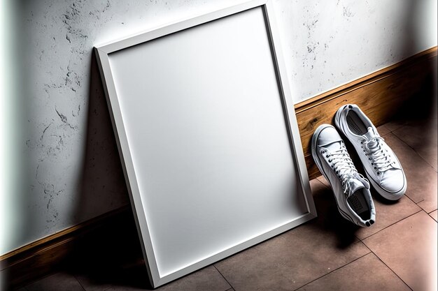 Small blank billboard mockup stands on wooden floor in room created with generative ai