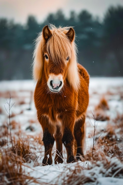 Small blonde horse stands in field of dried grass and weeds on overcast day