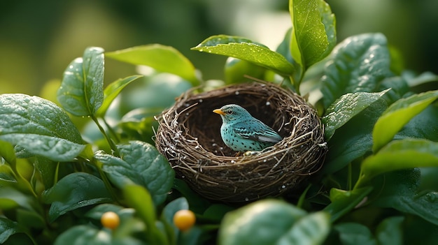 Small Blue Bird In Nest With Green Leaves Illustration