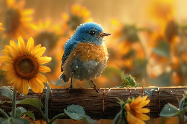 a small blue bird sits on a fence post with sunflowers in the background