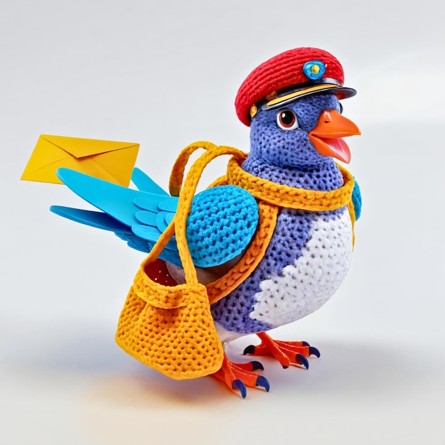 a small blue bird wearing a red hat yellow purse and white pants