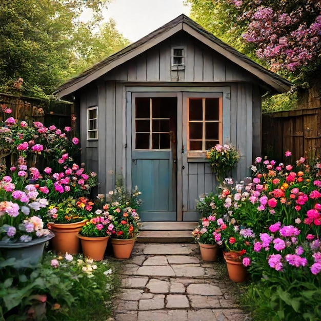 a small blue house with flowers and a blue door