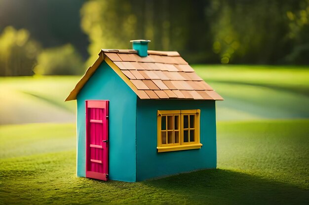 Photo a small blue house with a red door sits on a green lawn.