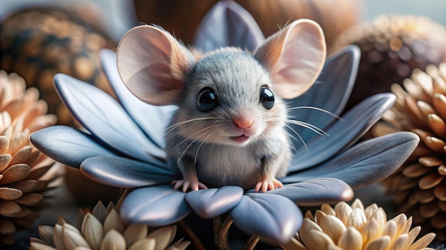 Photo a small blue mouse curiously perched on a large purple flower surrounded by earthy textures