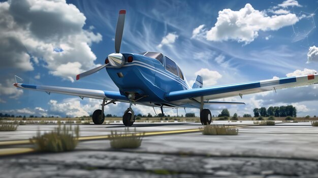 a small blue plane is on the runway and the sky is blue