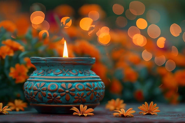 a small blue vase with a lit candle on it is lit up