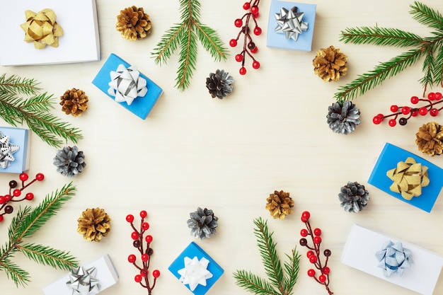 small blue and white decorative boxes on wood background