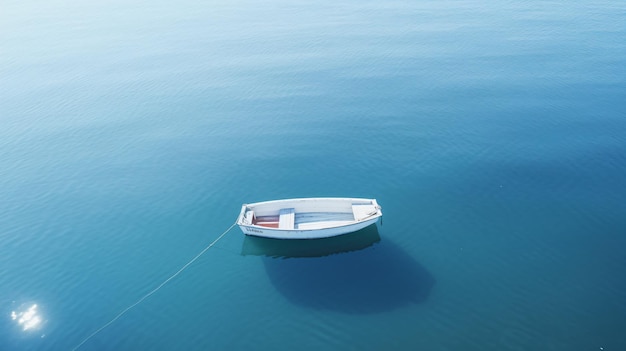 a small boat floating in the middle of a large body of water