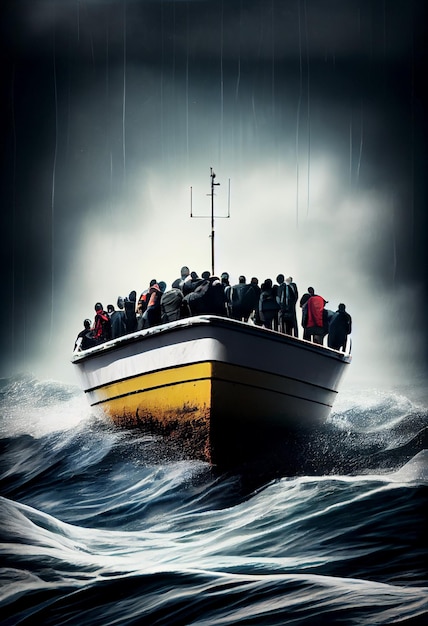 Small boat full of immigrants in stormy Mediterranean Sea Ai generative