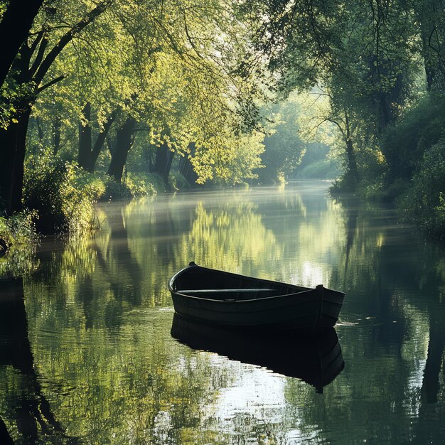 Photo a small boat sits alone on a tranquil river surrounded by lush greenery and morning mist