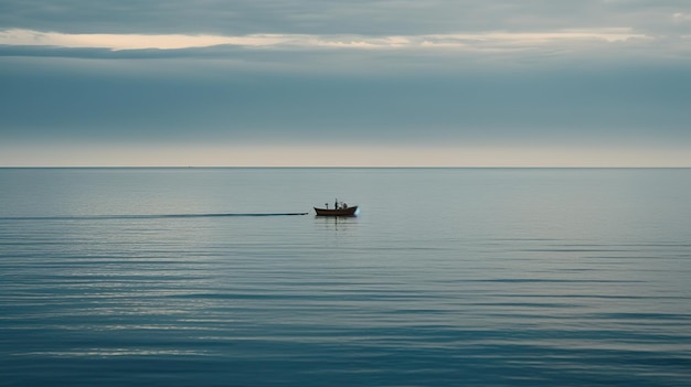 A small boat in the water with a cloudy sky in the background.