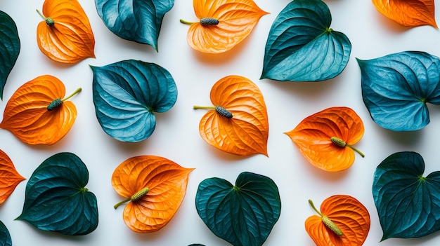 Small bold teal and sunset orange tropical leaves with mini anthurium petals on a white backdrop