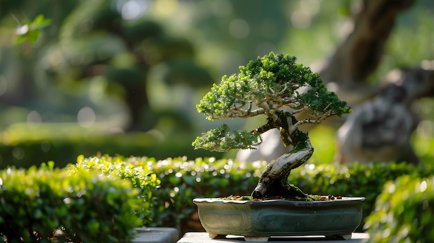 Photo a small bonsai tree in a pot with other plants