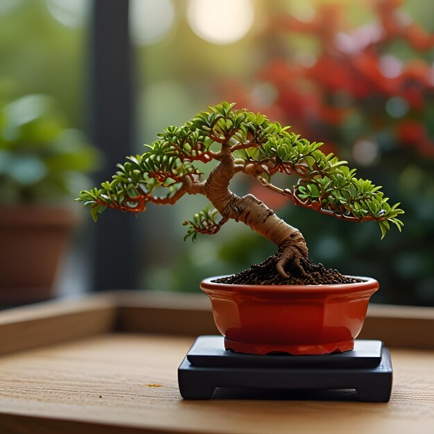 Photo a small bonsai tree sits in a small red pot