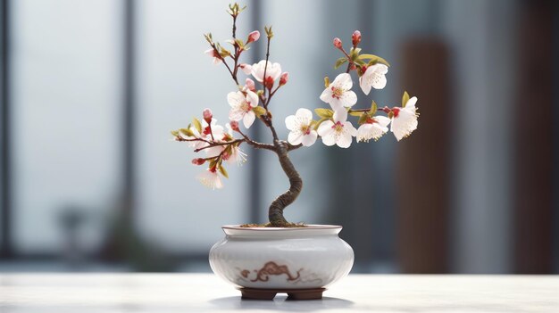 A small bonsai tree with pink flowers is in a white vase.