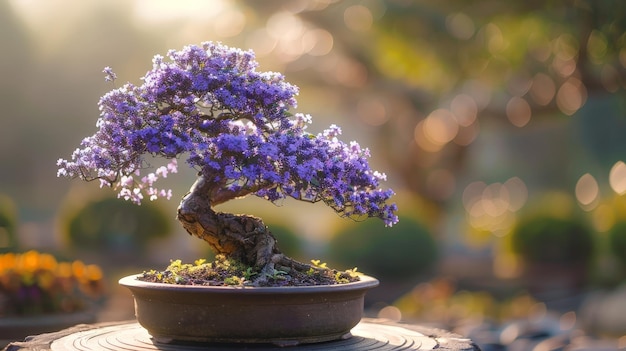 A small bonsai tree with purple flowers in a pot surrounded by a blurred background