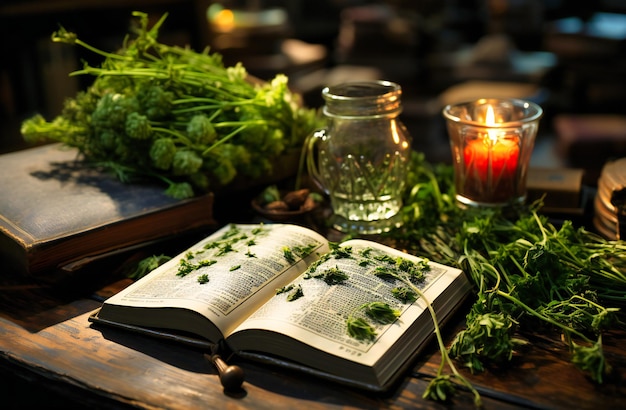 A small book on a top table with green herbs