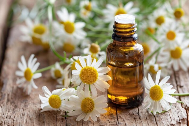 Small bottle of essential oil surrounded by fresh chamomile flowers