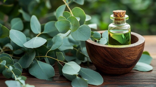 A small bottle of eucalyptus oil sits in a wooden bowl surrounded by eucalyptus leaves on a wooden table