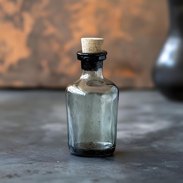 a small bottle of glass with a black top that says b on it