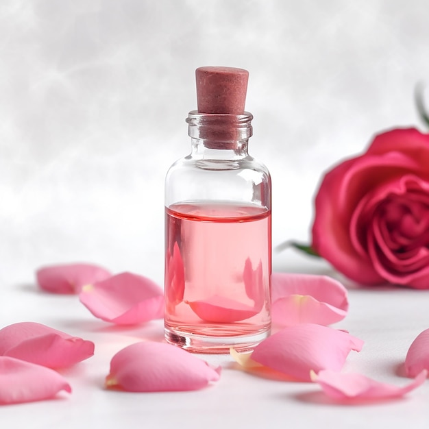 A small bottle of liquid with a pink rose petal on the top.