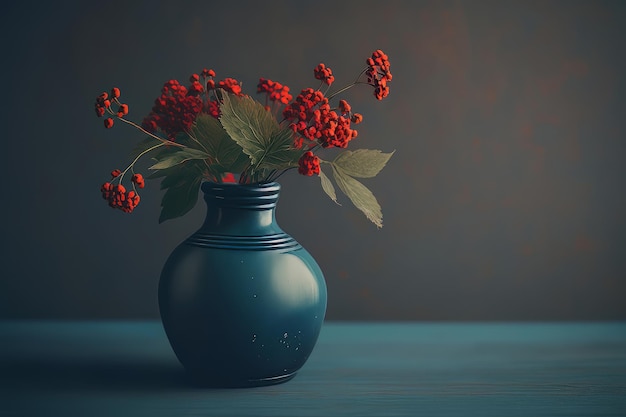 Small Bouquet of Red Flowers in Vintage Vase on Wood Table Illustration AI Generative