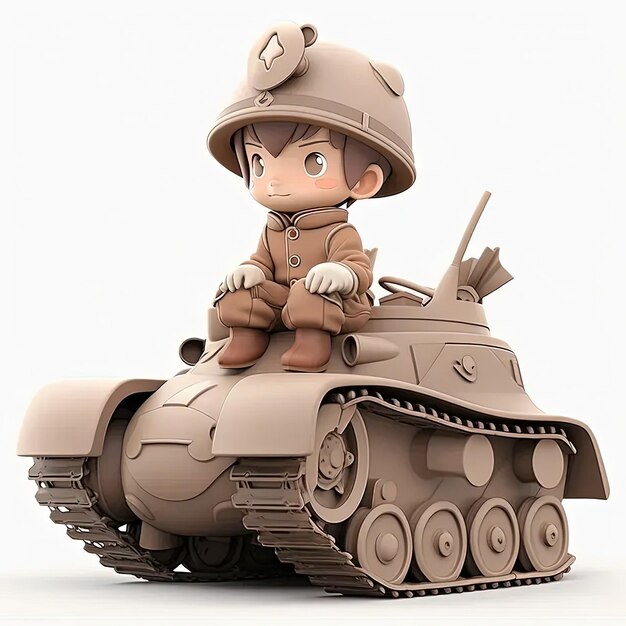 A small boy in a military outfit sitting on top of a tank