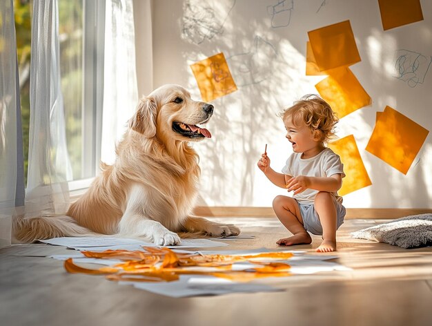 Photo a small boy playing with dog in room ai generated