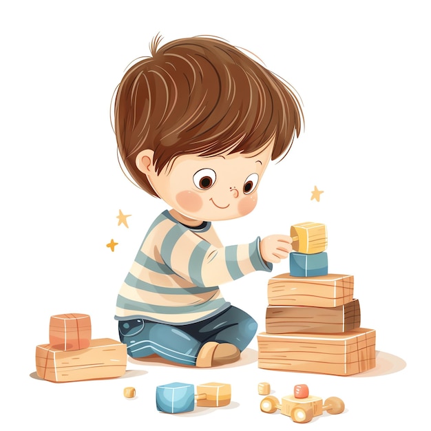 small boy plays with a wooden toy illustration for kids