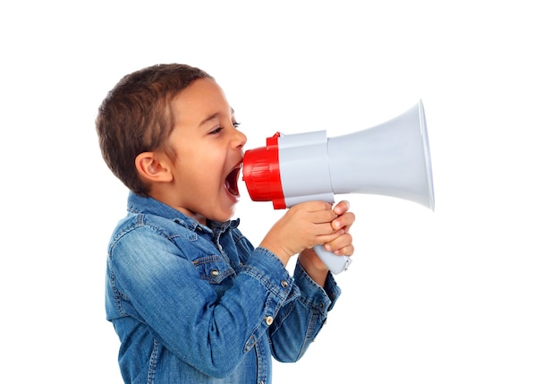 Small boy shouting through a megaphone 