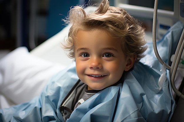 Small boy sitting in a hospital bed and smiling