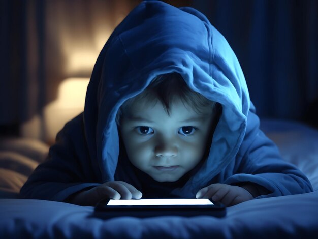 Small boy watching tablet or mobile phone at bed blanket over his head closeup detail to face