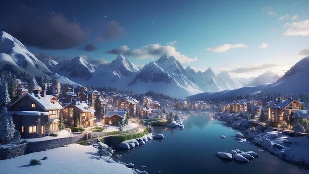 Small bright town between snowy mountains and river during the evening