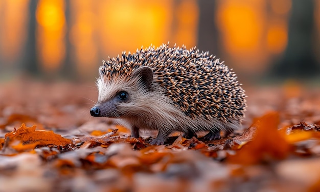 A small brown and black hedgehog is standing on a pile of leaves The scene has a peaceful and natural feel with the hedgehog blending in with its surroundings