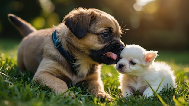 A small brown and black puppy lying on green grass