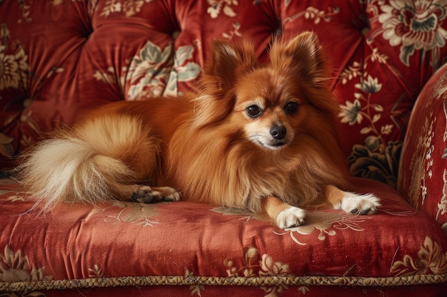 A small brown dog laying on top of a red couch