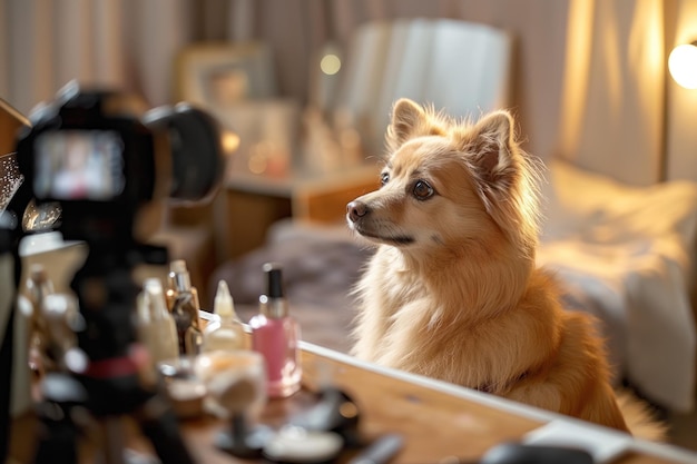 Photo small brown dog sits on wooden dresser with beauty products dog looks at camera with relaxed