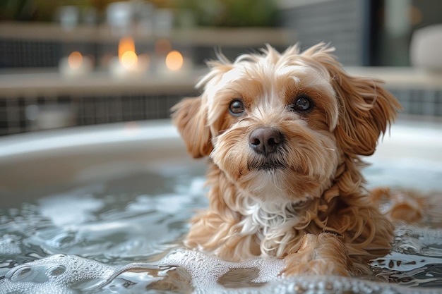 Small brown dog sitting in bathtub