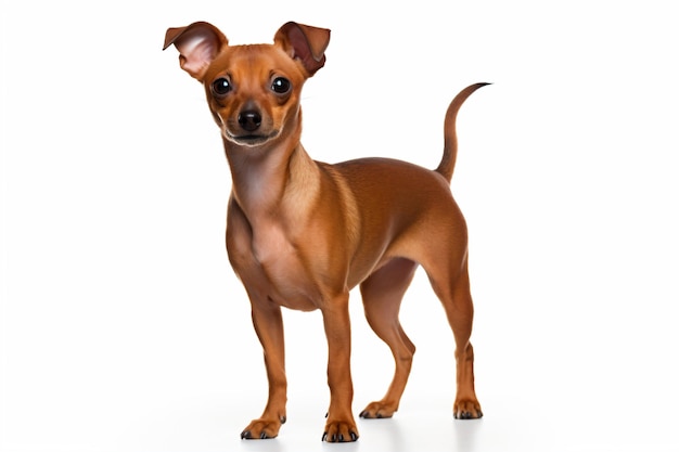 a small brown dog standing on a white surface