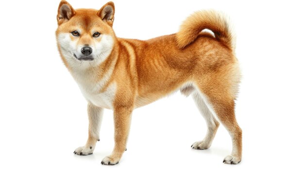 A small brown dog with a white face stands in front of a white background