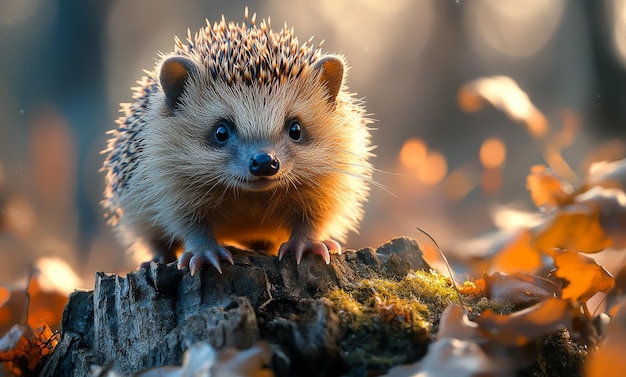 A small brown hedgehog is standing on a log in the woods The hedgehog is looking up at the camera with a curious expression The scene is peaceful and serene with the sun shining through the trees