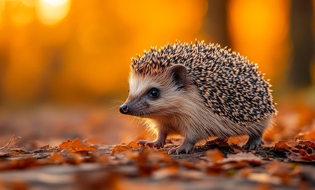 A small brown hedgehog is standing on a pile of leaves The leaves are orange and the sun is setting in the background