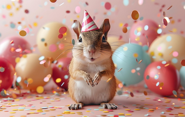 A small brown mouse is standing in a room full of colorful balloons