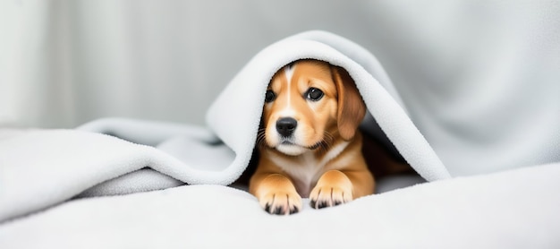 A small brown puppy peeks out from under the covers on the bed Generative AI