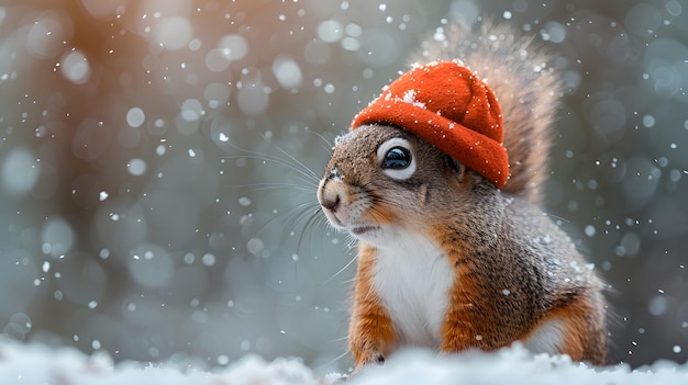 A small brown squirrel wearing a red hat stands in the snow The hat is red and has a white stripe The squirrel appears to be enjoying the winter weather and is looking up at the camera