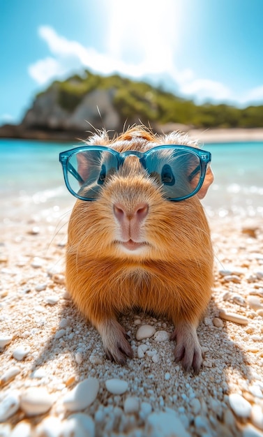 A small brown and white animal with sunglasses on its face is laying on the beach The animal appears to be enjoying the sun and the beach atmosphere