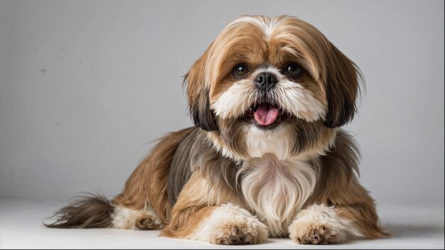 A small brown and white dog is laying on a white surface