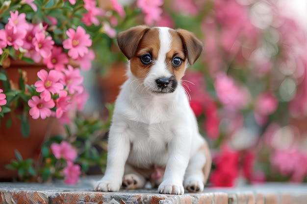 A small brown and white dog sitting on a ledge