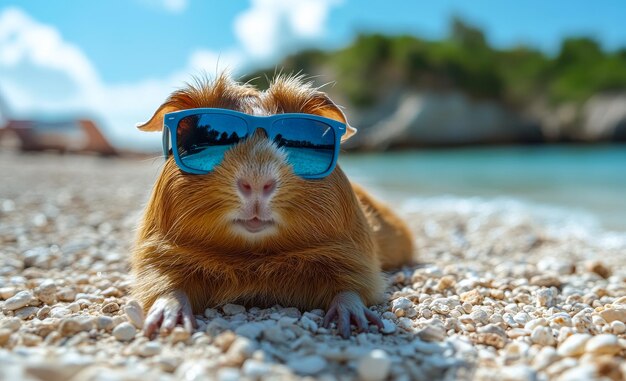 Photo a small brown and white guinea pig is laying on the beach wearing sunglasses the scene is bright and sunny with the ocean in the background the guinea pig appears to be enjoying the warm weather