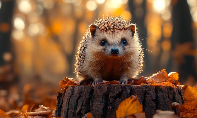 A small brown and white hedgehog is standing on a log in the autumn woods The scene is peaceful and serene with the hedgehog looking up at the camera